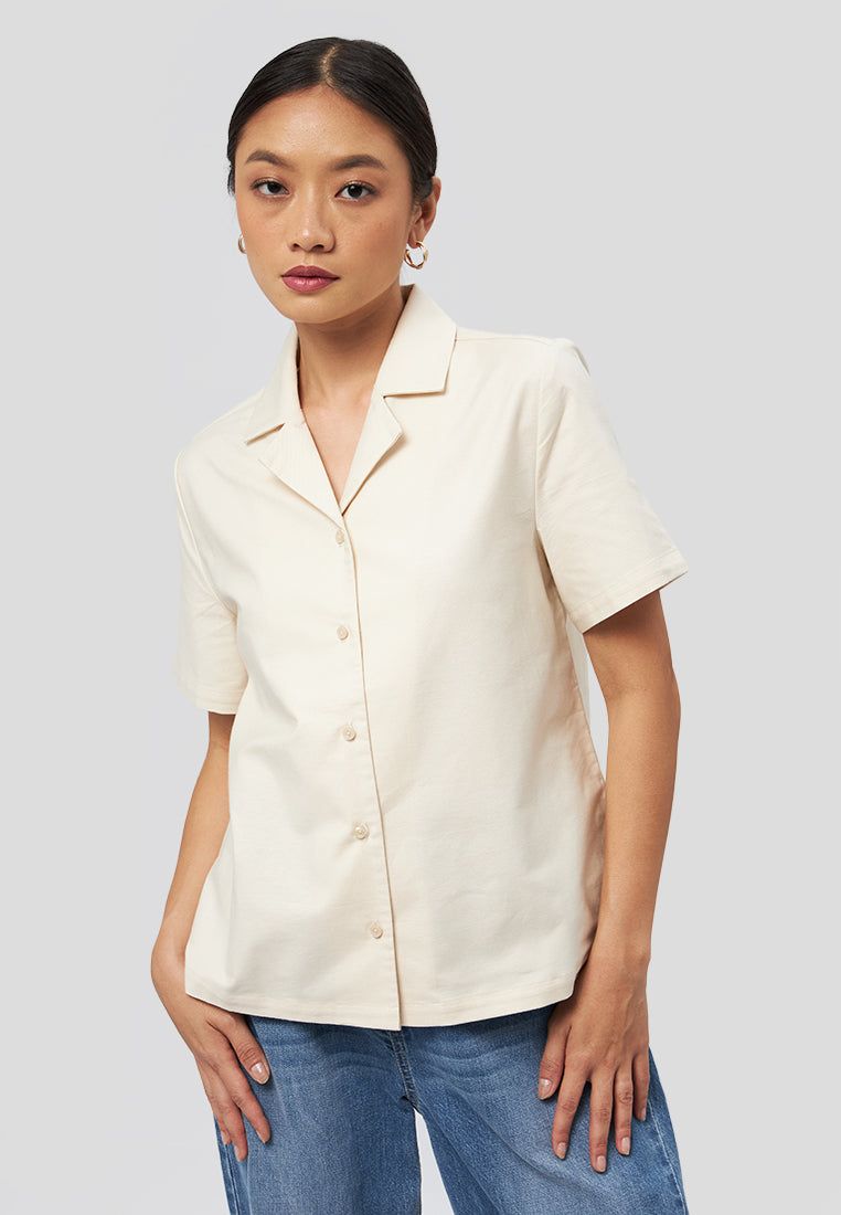 Notch Collar Short Sleeve Blouse Beige
