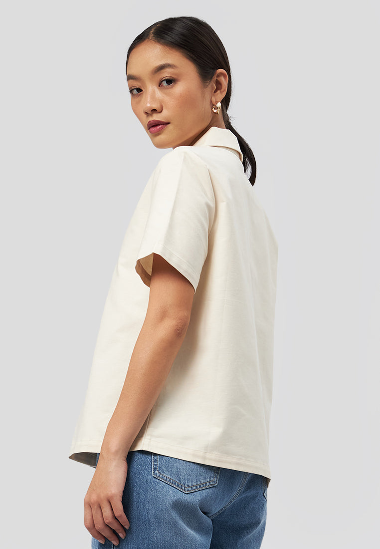 Notch Collar Short Sleeve Blouse Beige