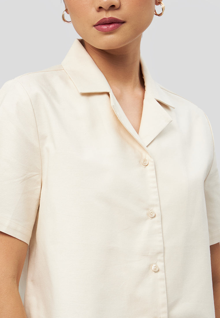 Notch Collar Short Sleeve Blouse Beige