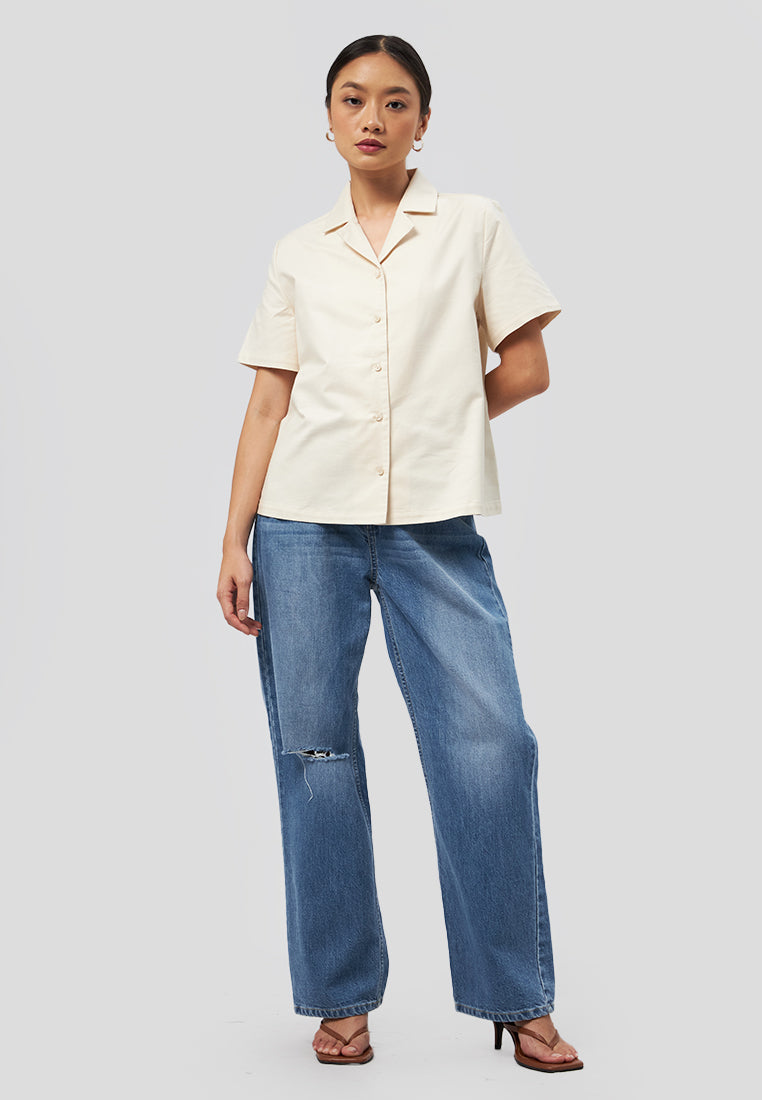Notch Collar Short Sleeve Blouse Beige