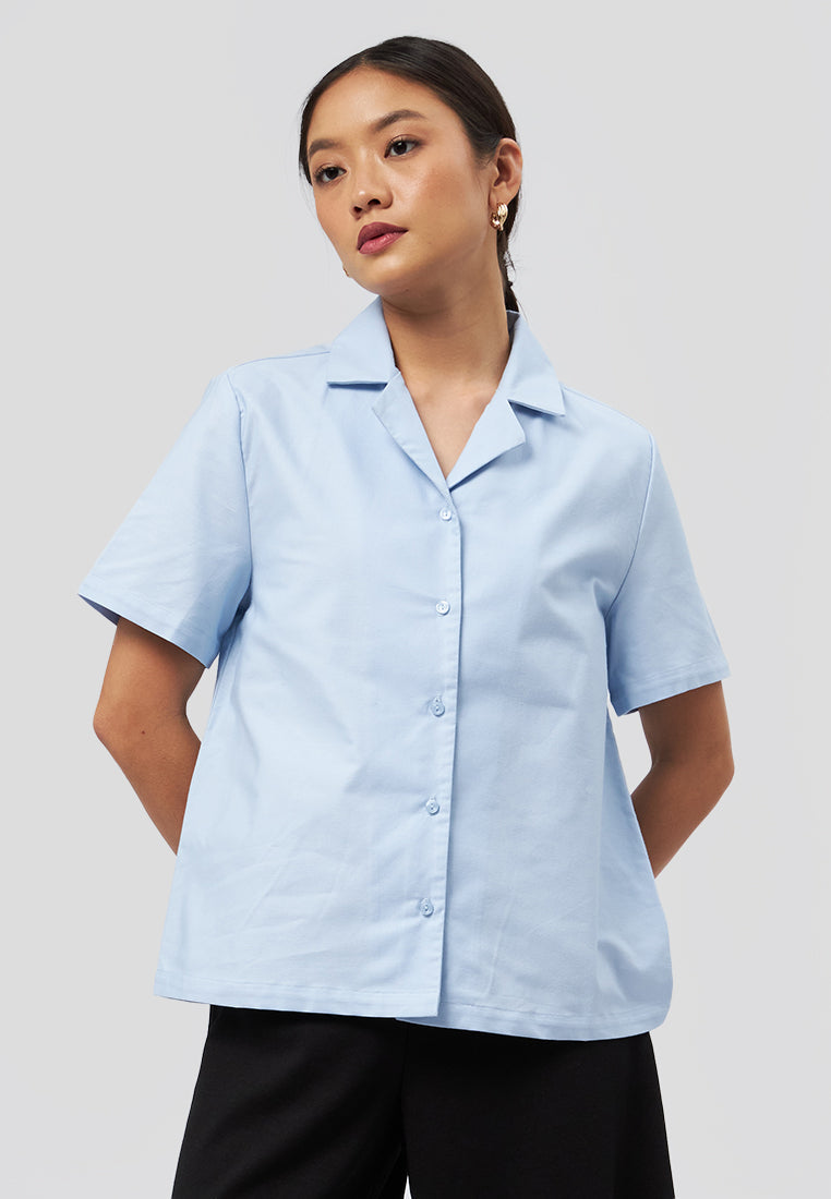 Notch Collar Short Sleeve Blouse Light Blue