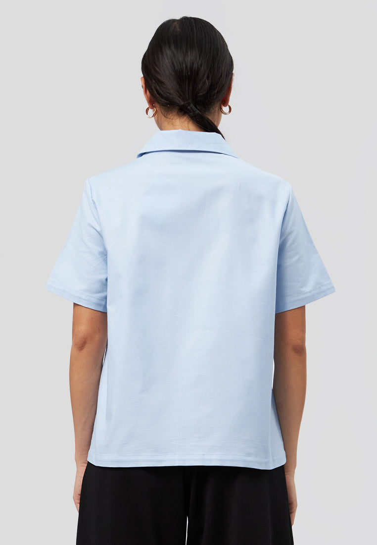Notch Collar Short Sleeve Blouse Light Blue