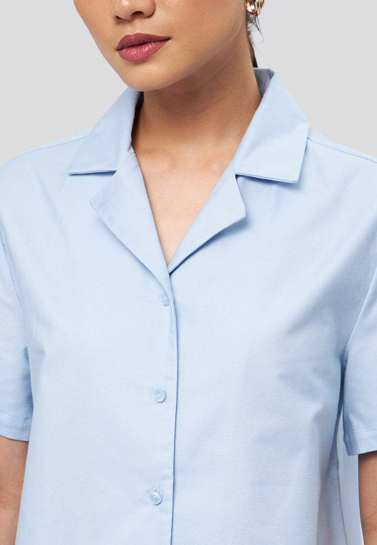 Notch Collar Short Sleeve Blouse Light Blue