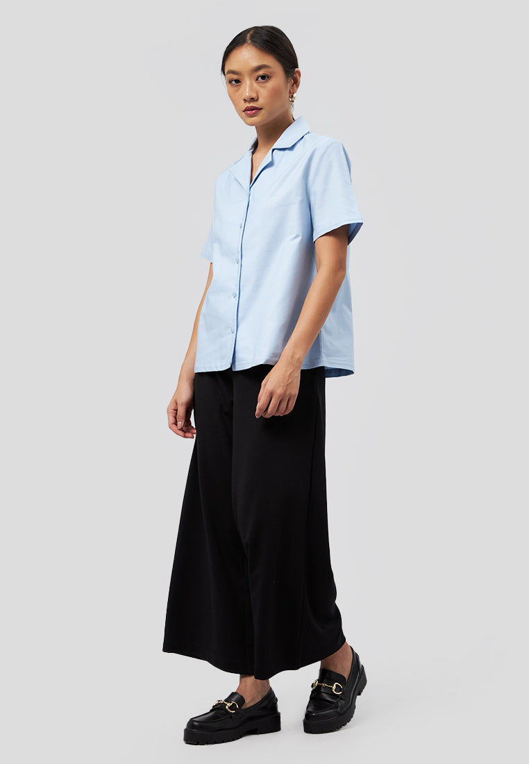 Notch Collar Short Sleeve Blouse Light Blue
