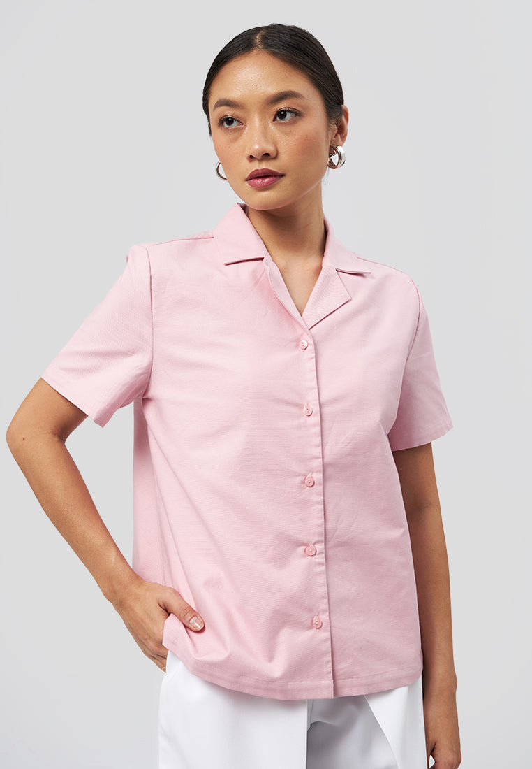 Notch Collar Short Sleeve Blouse Pink
