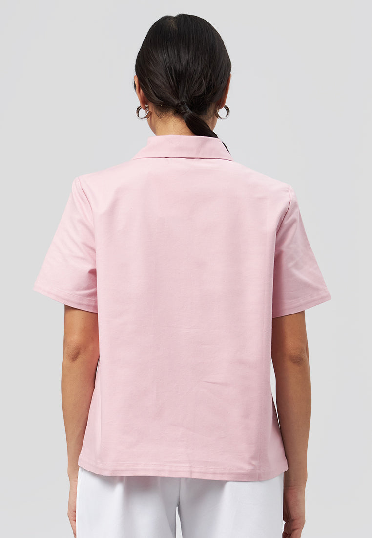 Notch Collar Short Sleeve Blouse Pink