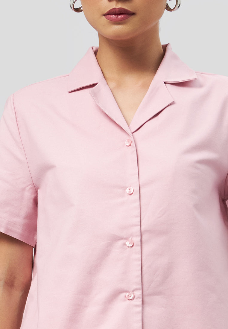 Notch Collar Short Sleeve Blouse Pink