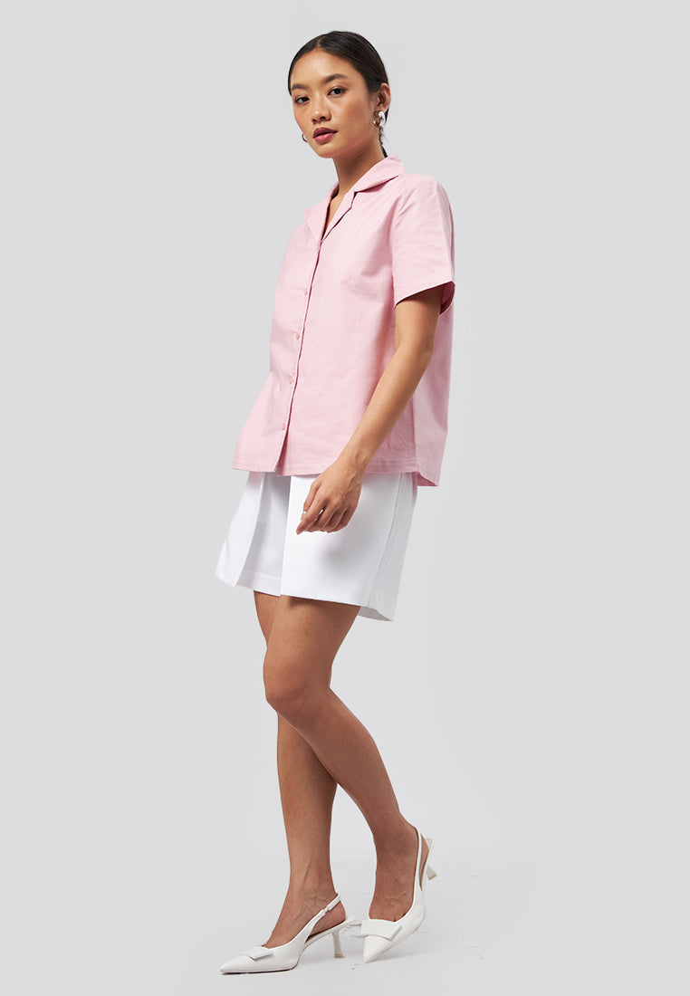 Notch Collar Short Sleeve Blouse Pink