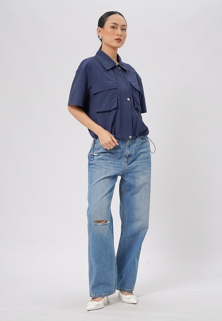 Double Pocket Crop Blouse Navy