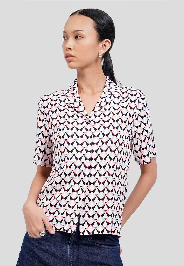 Collared V-Neck Printed Blouse