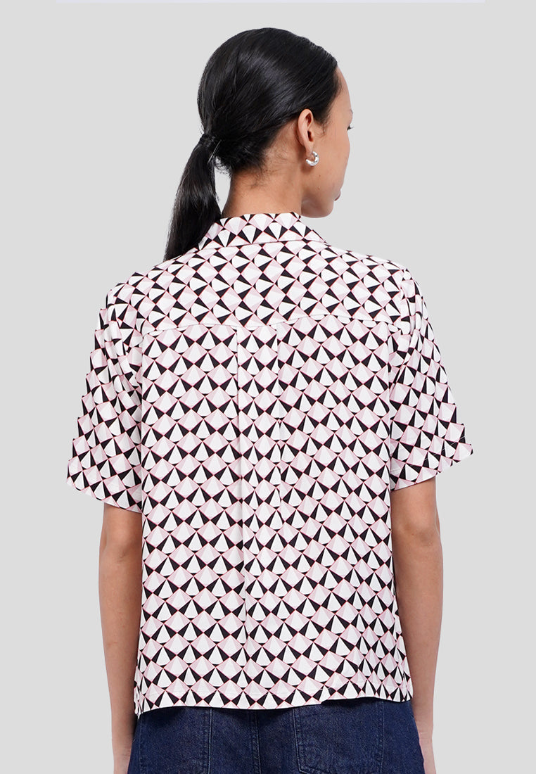 Collared V-Neck Printed Blouse