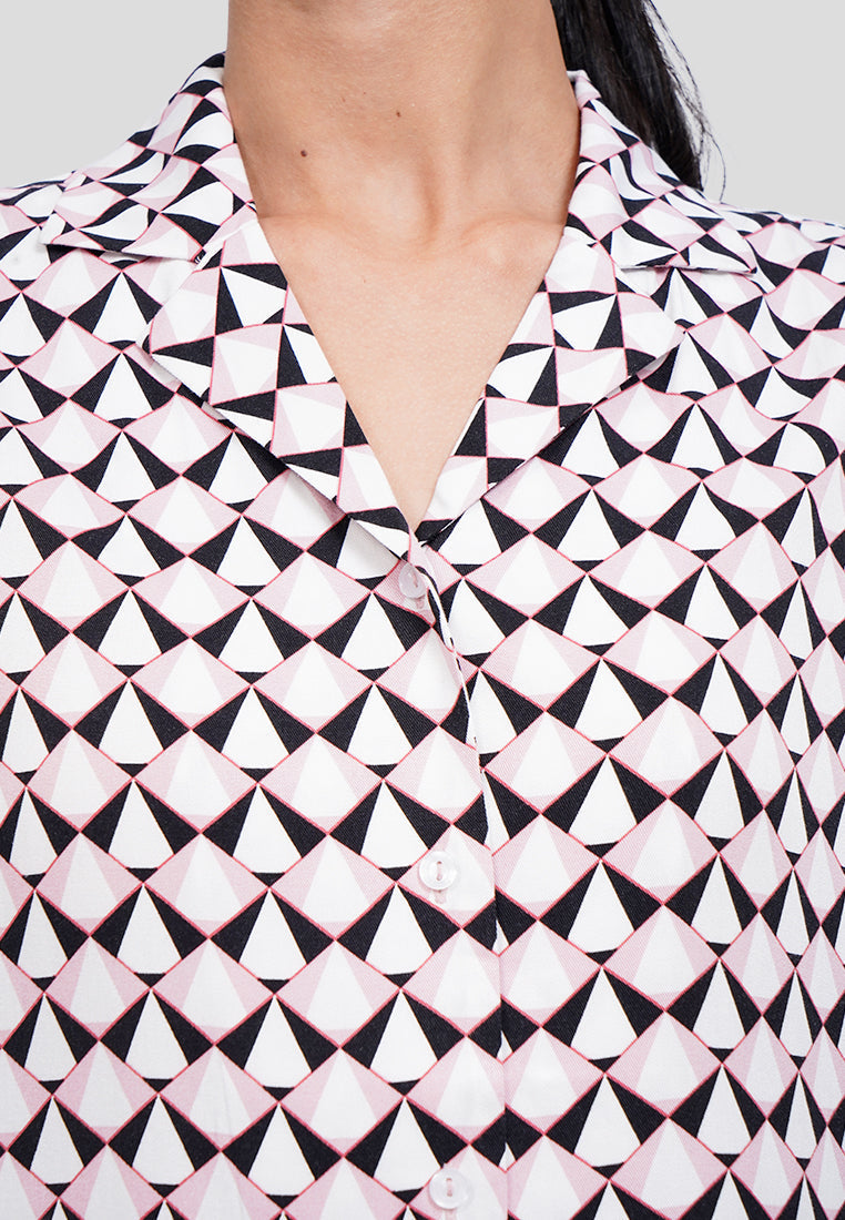 Collared V-Neck Printed Blouse