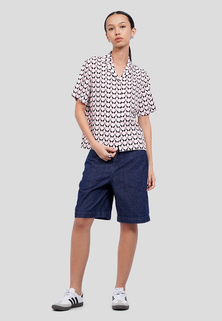 Collared V-Neck Printed Blouse