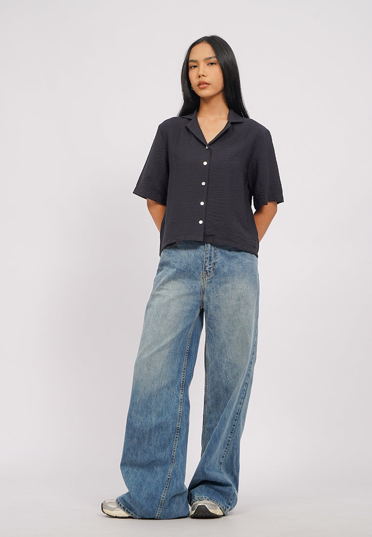 Short Sleeve Notch Collar Blouse