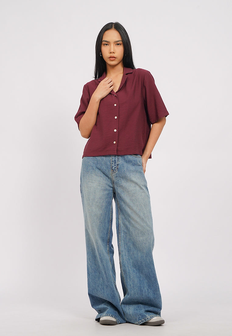 Short Sleeve Notch Collar Blouse