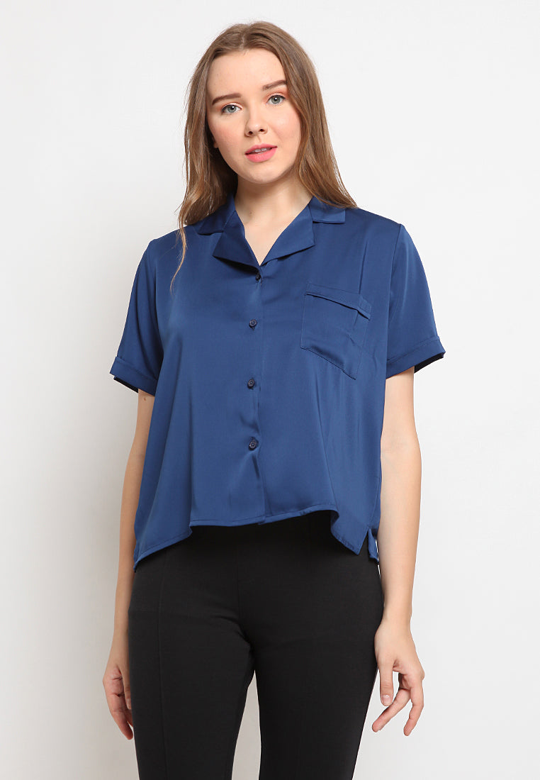 Satin Pocket Short Sleeve Blouse