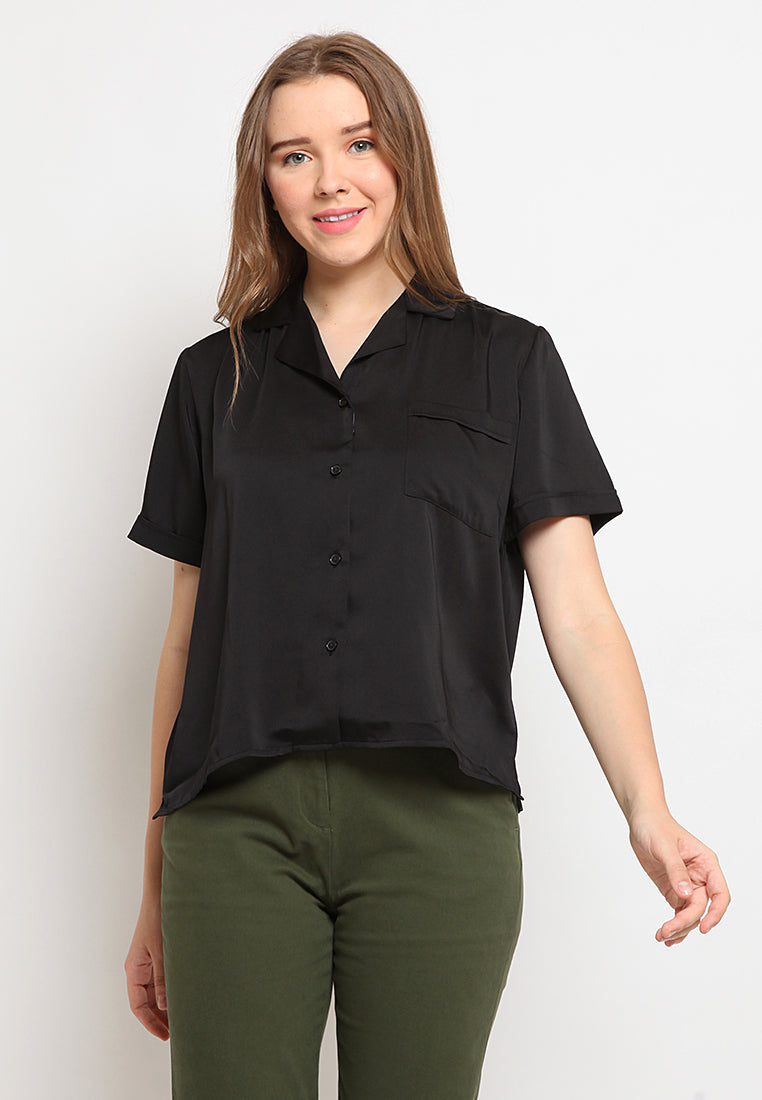 Satin Pocket Short Sleeve Blouse