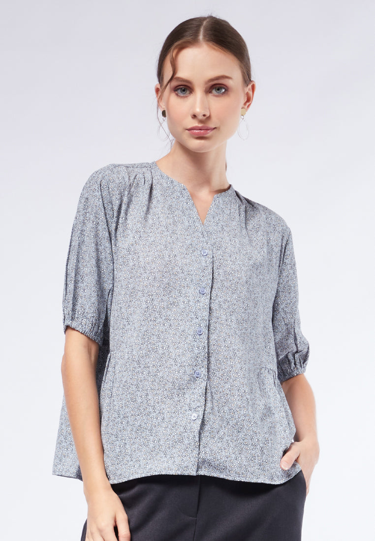 Printed V-Neck Short Sleeve Blouse