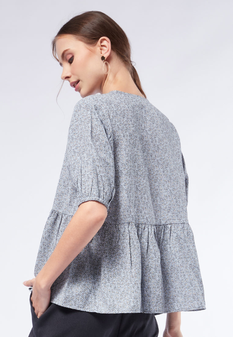 Printed V-Neck Short Sleeve Blouse