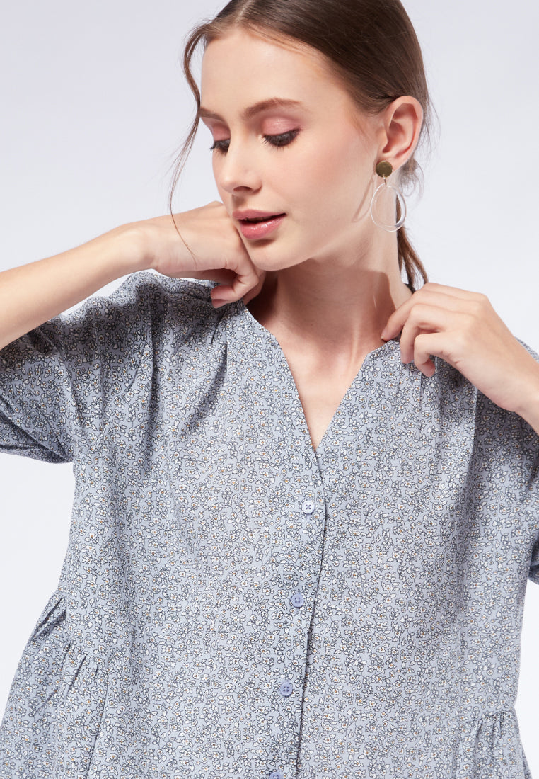Printed V-Neck Short Sleeve Blouse