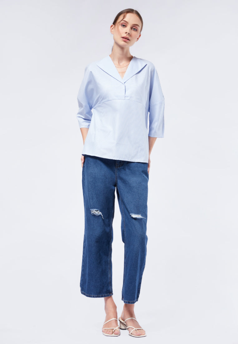 Stripes Blouse with Wide Collar