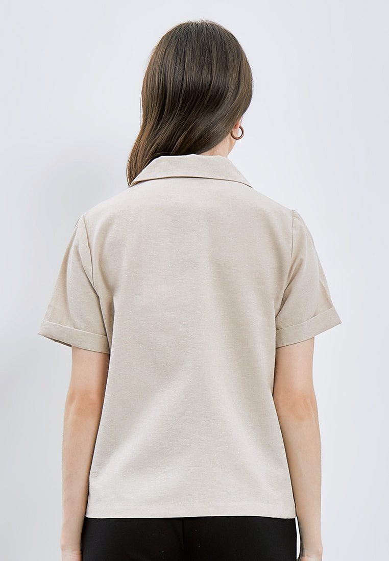 Notched Collar Short Sleeve Blouse
