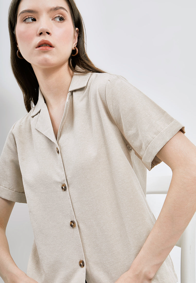 Notched Collar Short Sleeve Blouse