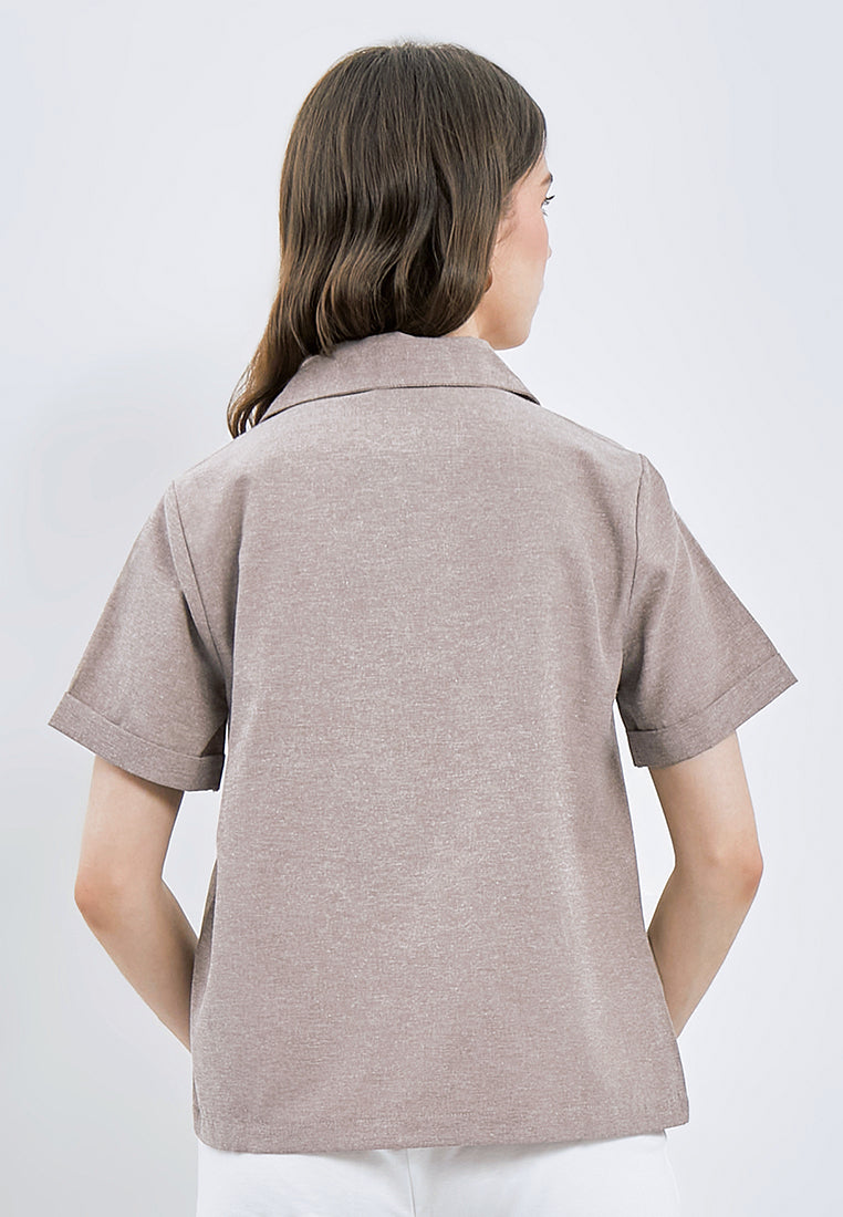 Notched Collar Short Sleeve Blouse