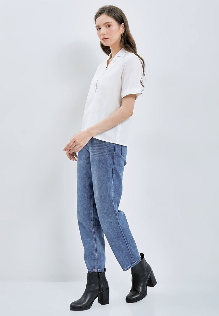 Notched Collar Short Sleeve Blouse