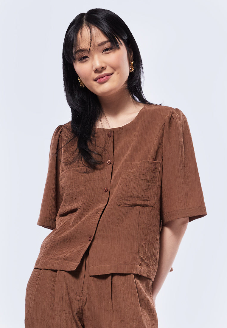 Round Neck Blouse with Front Pocket