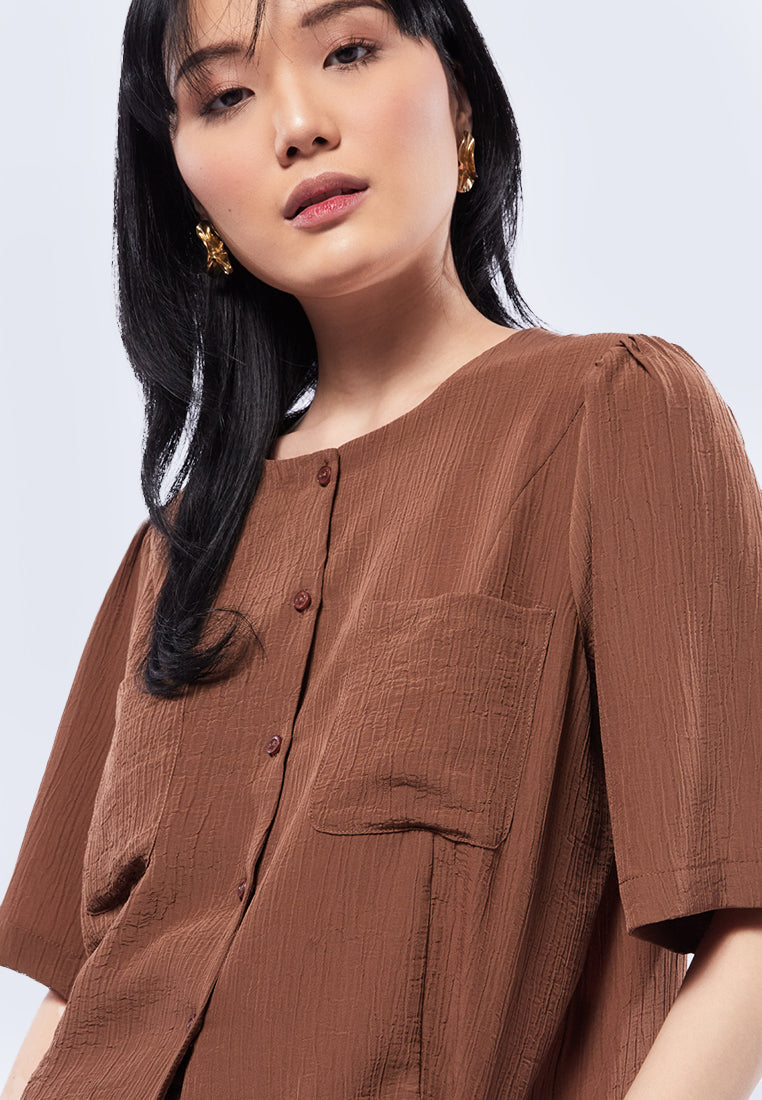 Round Neck Blouse with Front Pocket