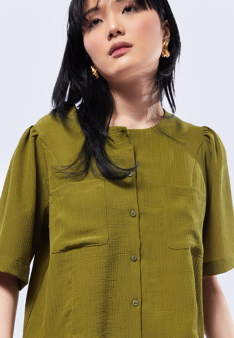 Round Neck Blouse with Front Pocket