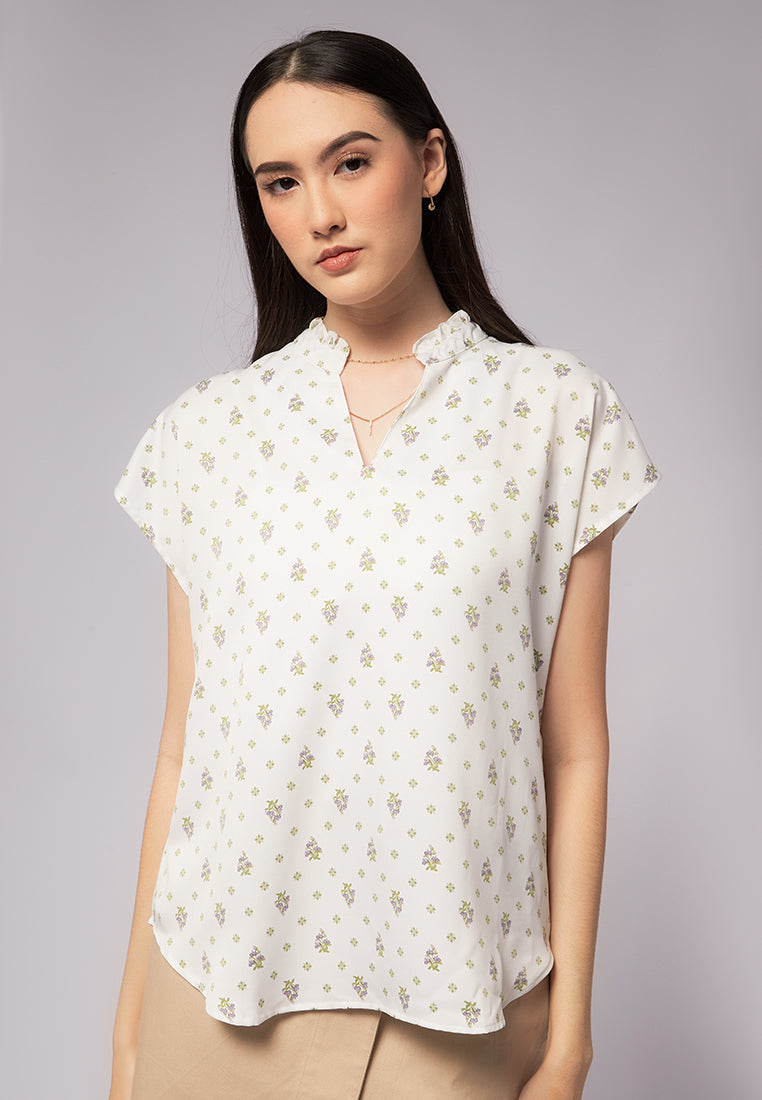 Printed Crinkle Ruffle Neck Blouse