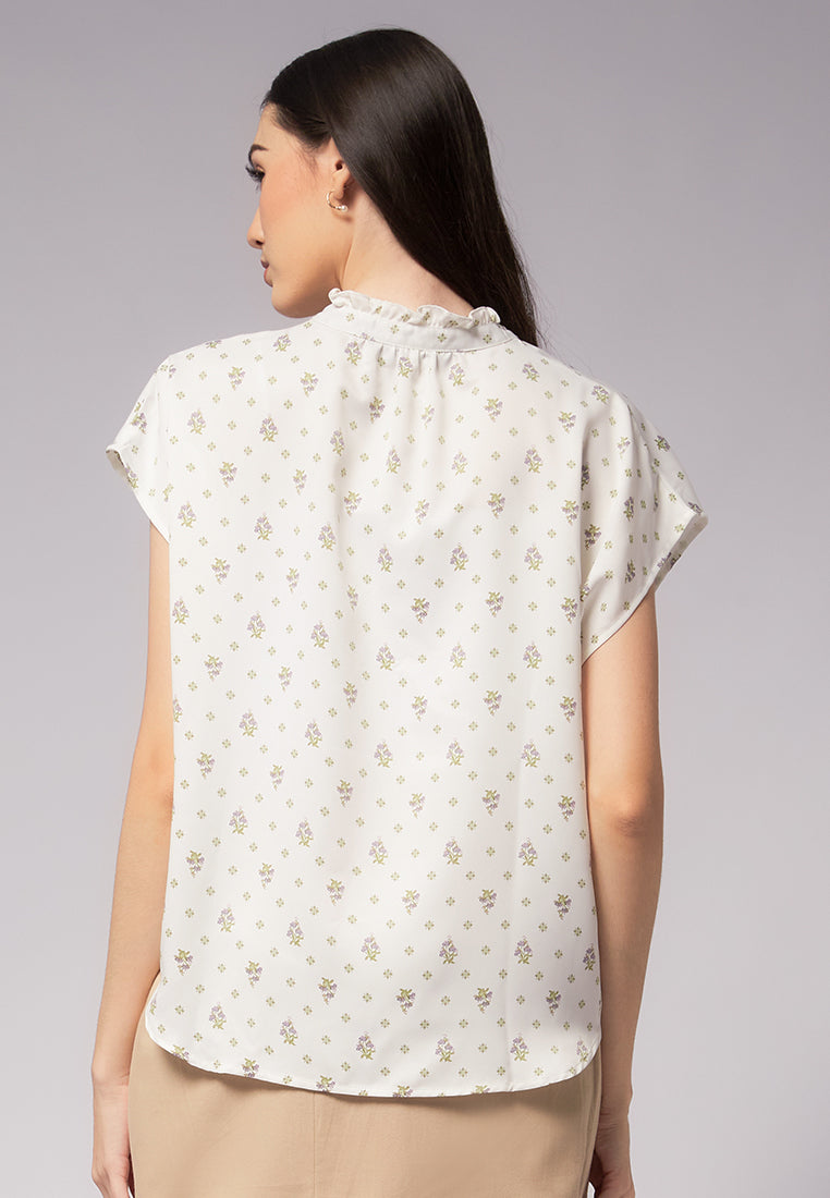 Printed Crinkle Ruffle Neck Blouse