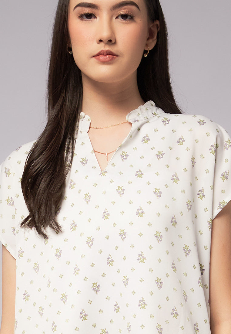 Printed Crinkle Ruffle Neck Blouse