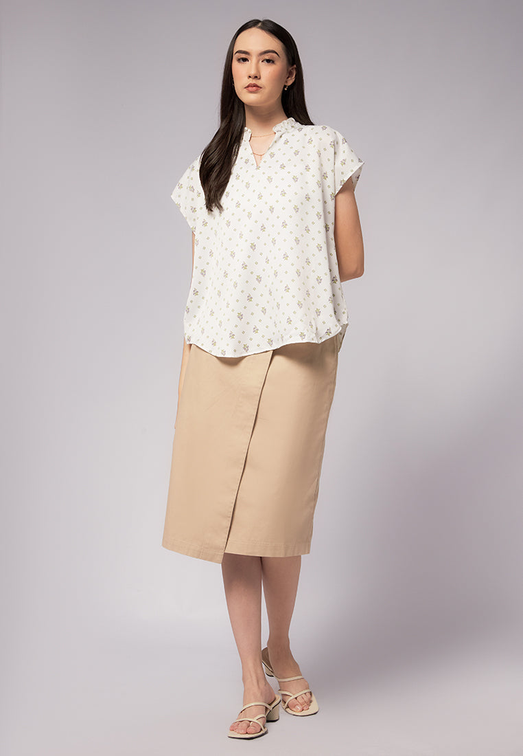 Printed Crinkle Ruffle Neck Blouse