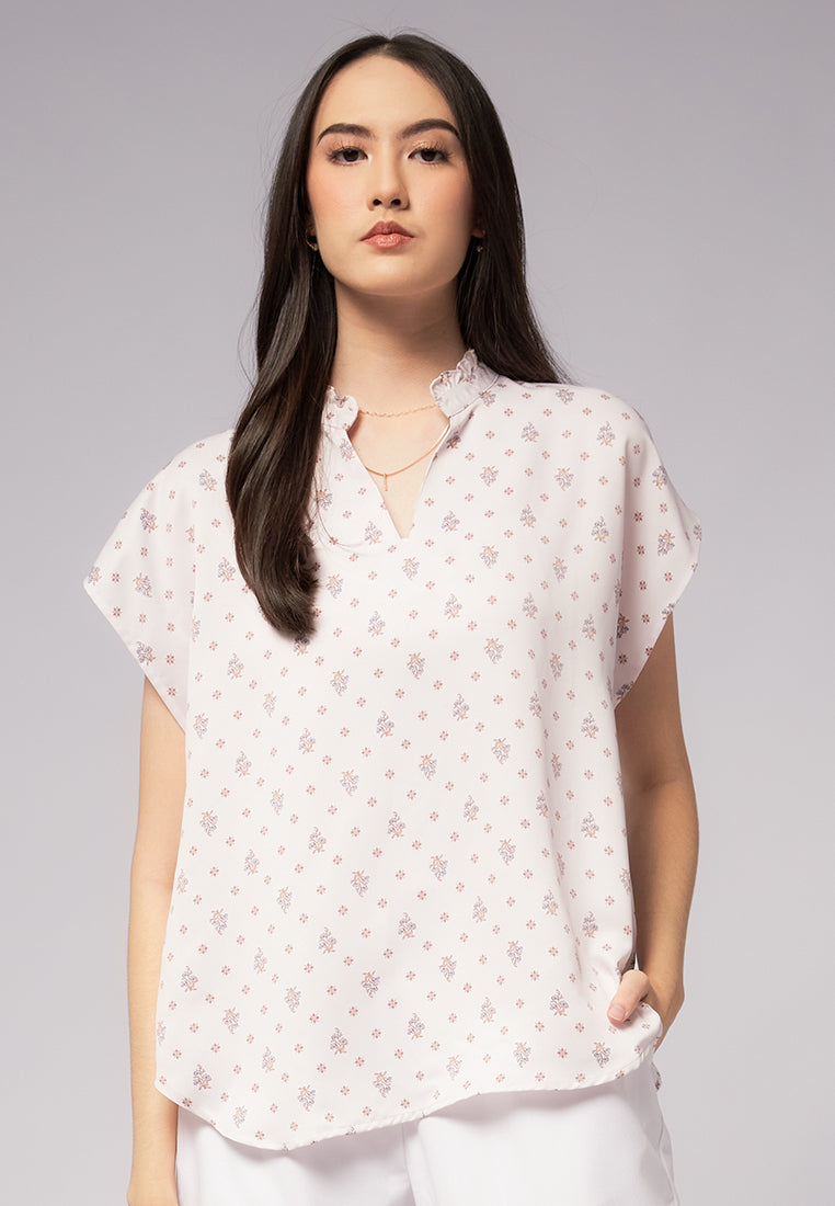 Printed Crinkle Ruffle Neck Blouse
