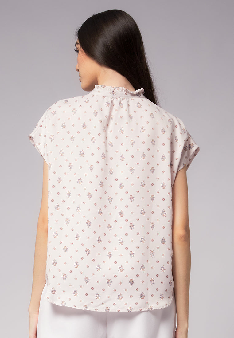 Printed Crinkle Ruffle Neck Blouse