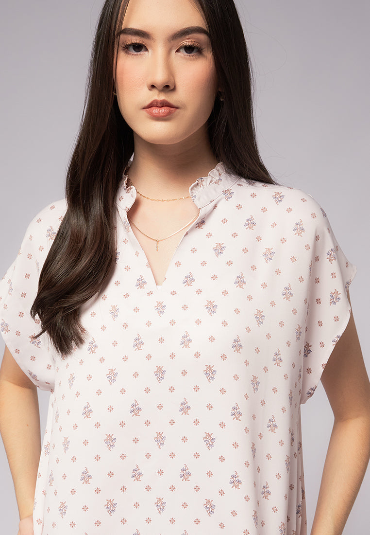 Printed Crinkle Ruffle Neck Blouse