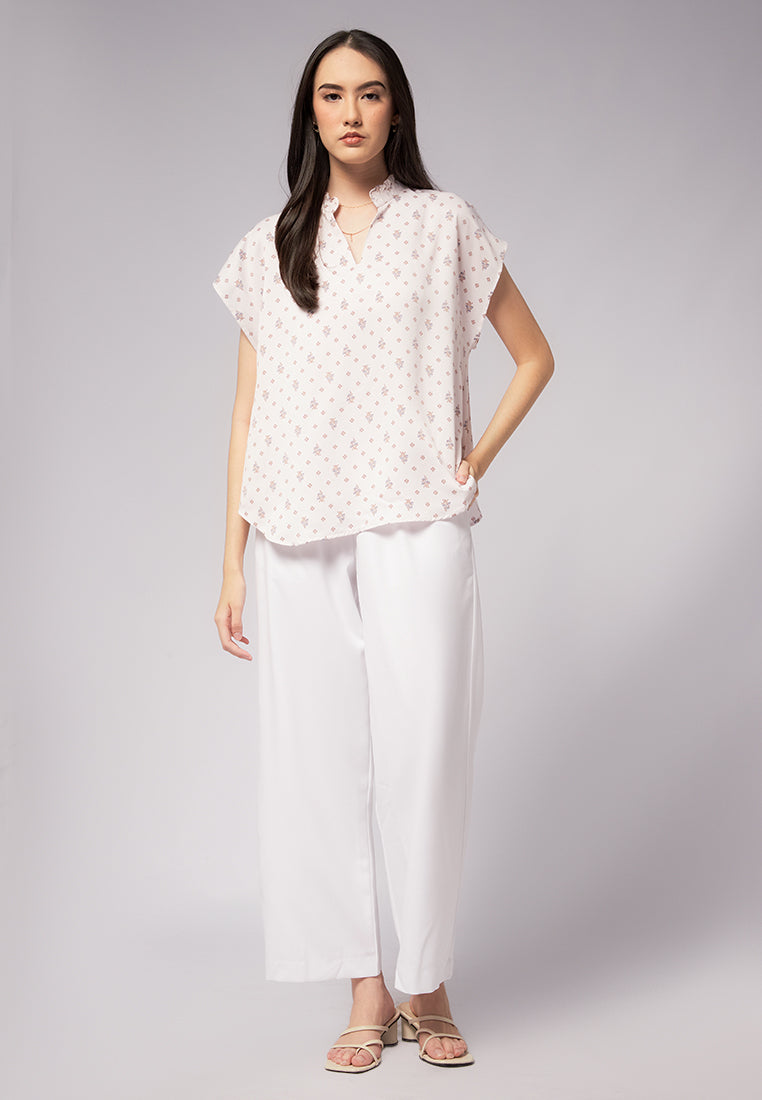 Printed Crinkle Ruffle Neck Blouse