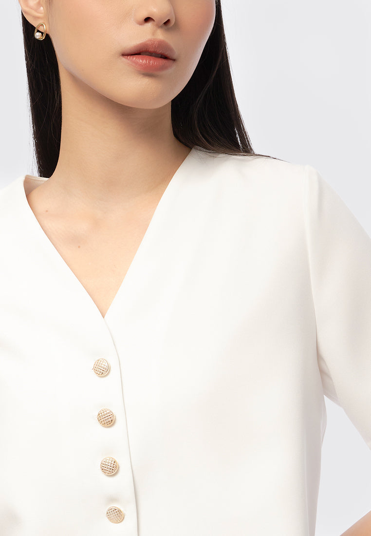 Buttoned V-Neck Short Sleeve Blouse
