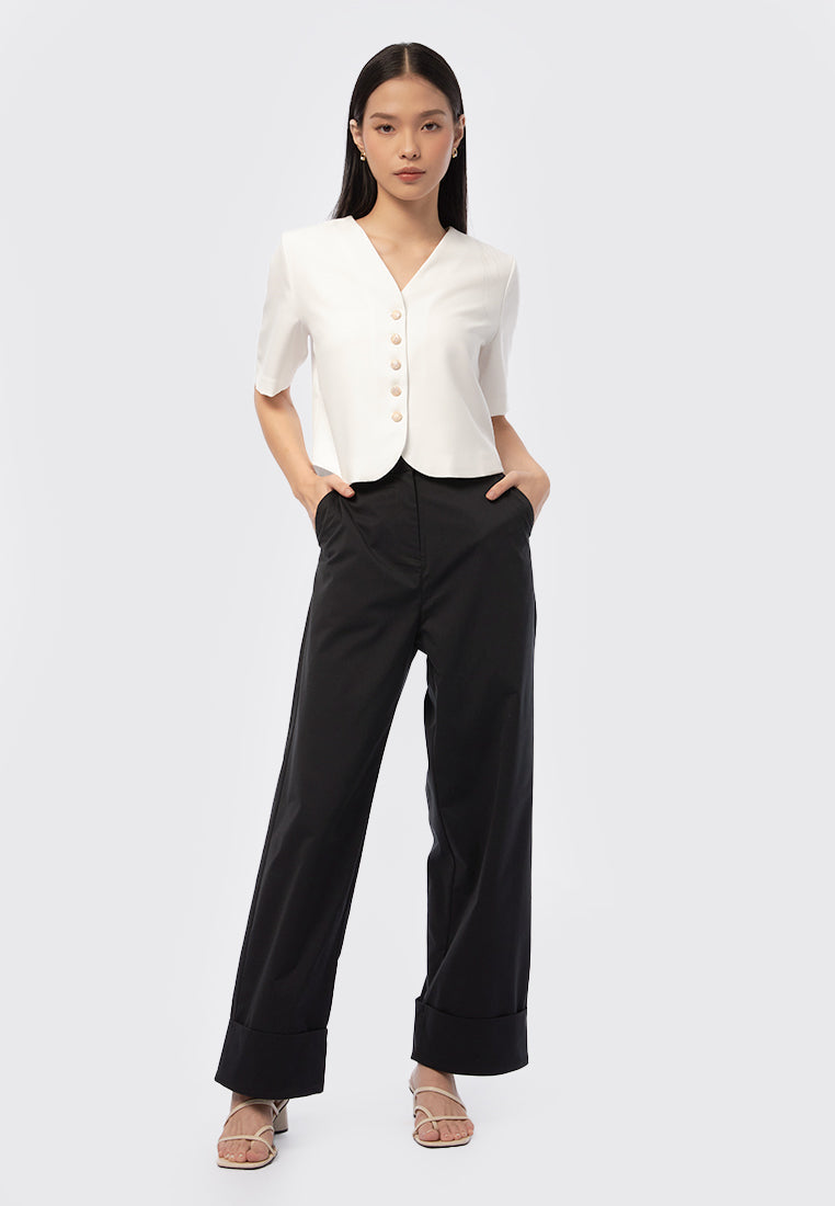 Buttoned V-Neck Short Sleeve Blouse