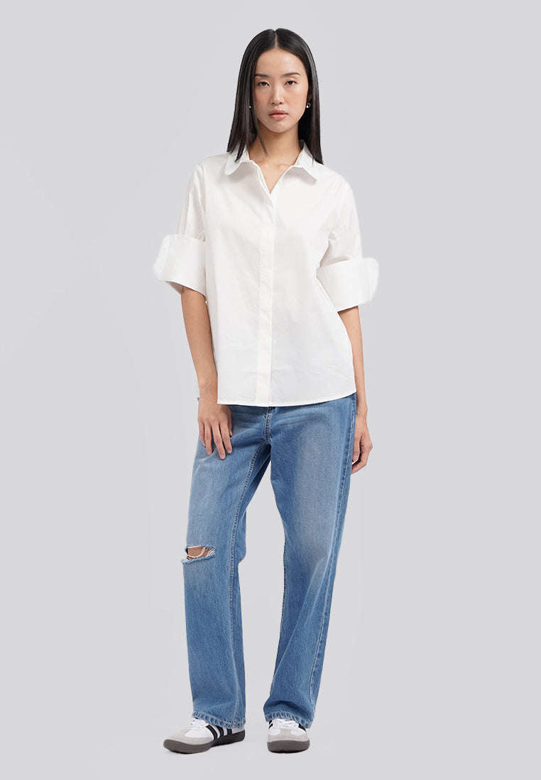 Statement Folded Sleeve Blouse Off White