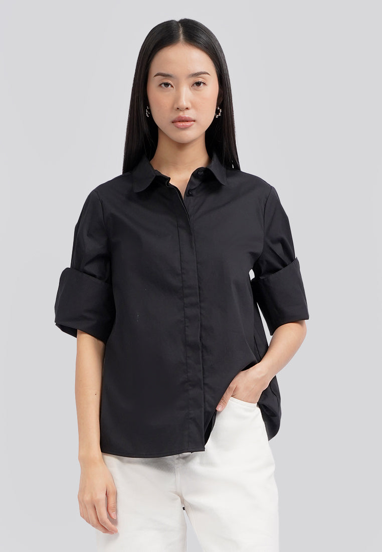 Statement Folded Sleeve Blouse Black
