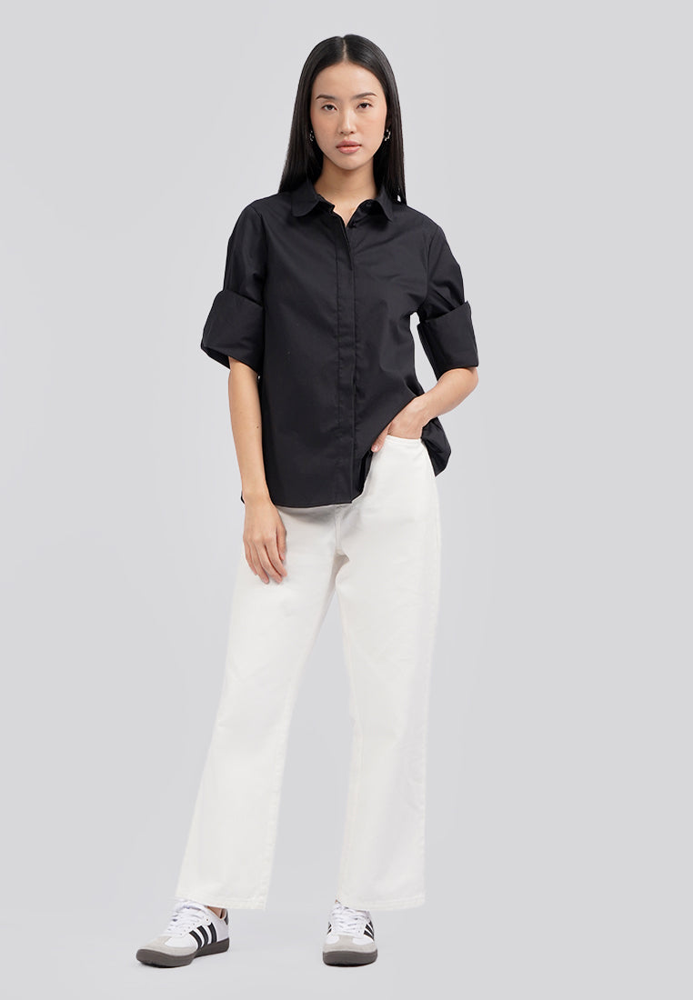 Statement Folded Sleeve Blouse Black