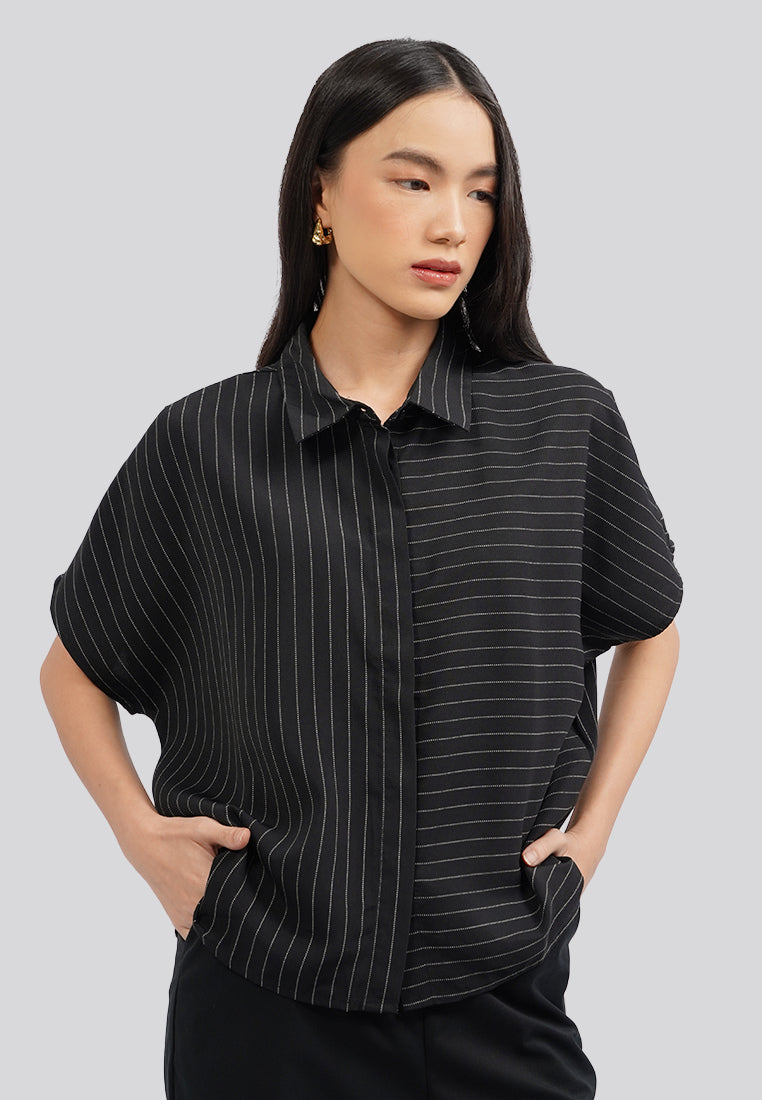 Stripes Short Sleeve Blouse Black
