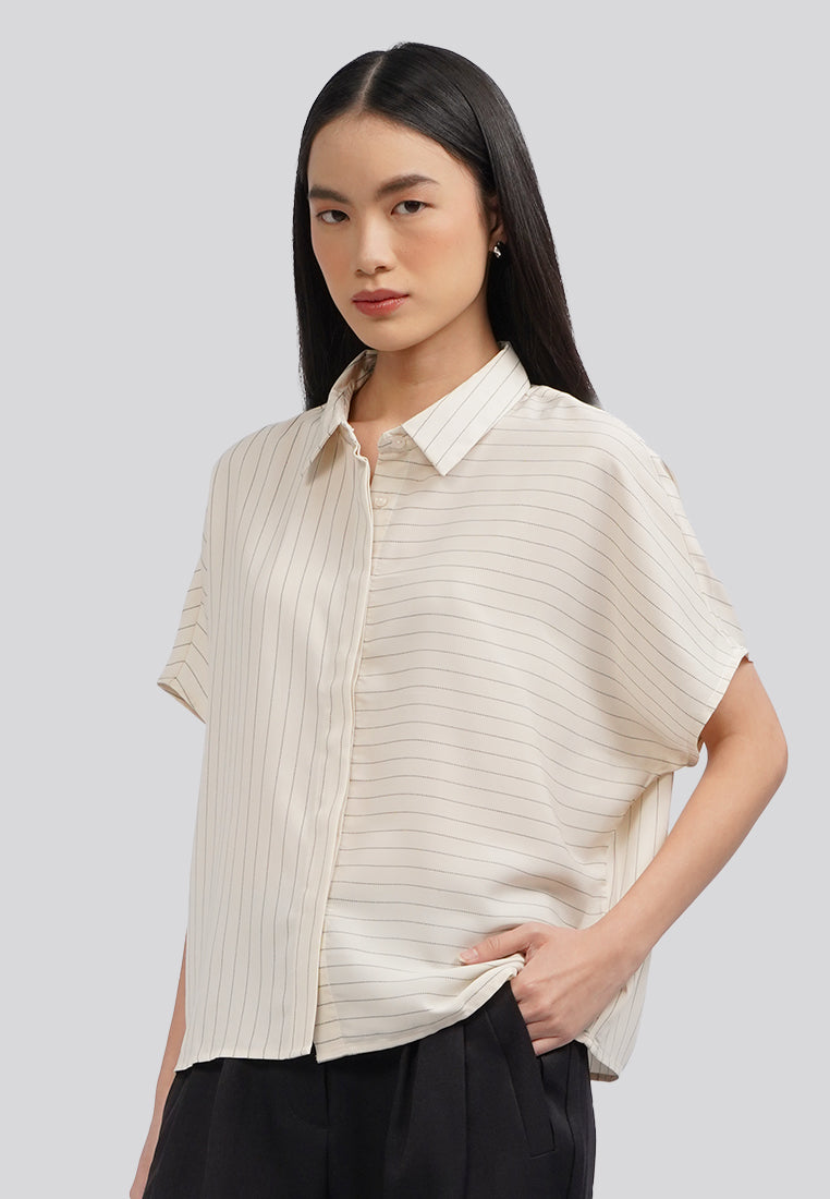 Stripes Short Sleeve Blouse Beige