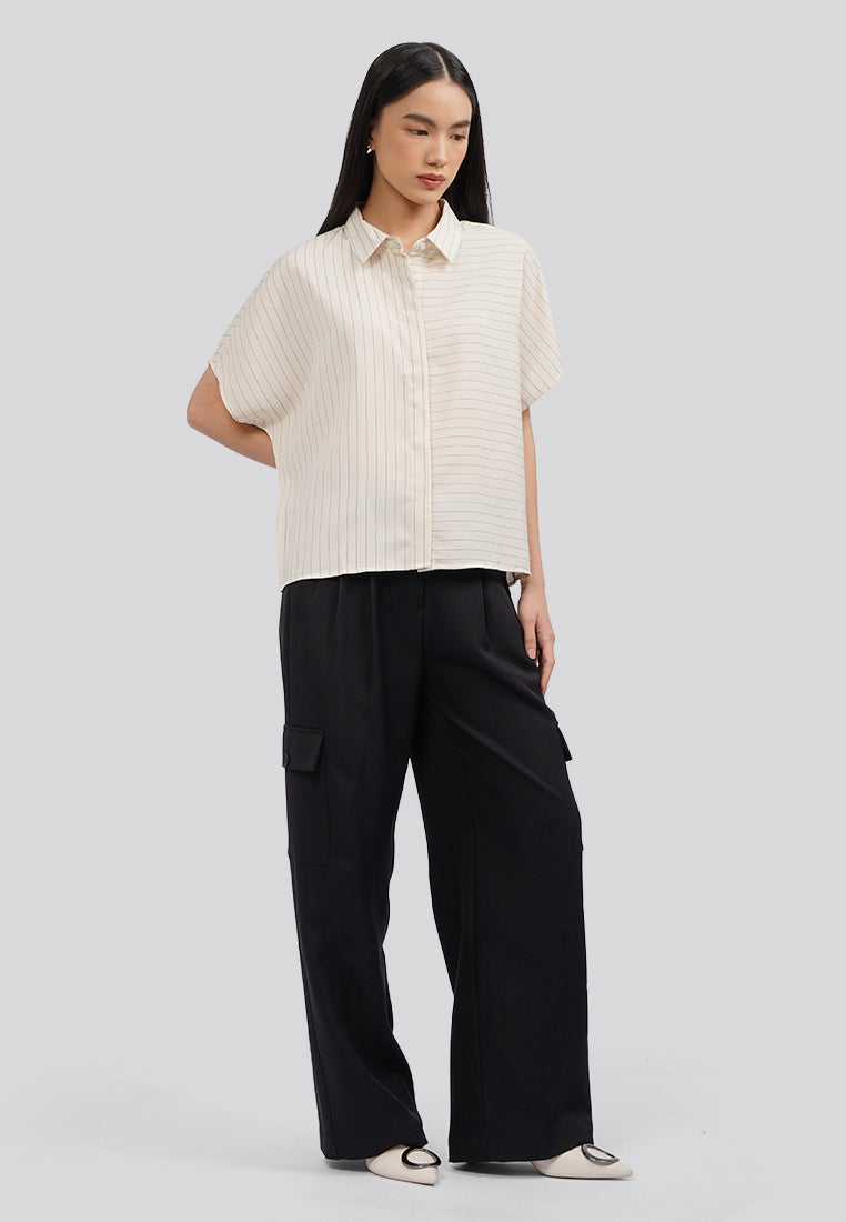 Stripes Short Sleeve Blouse Beige