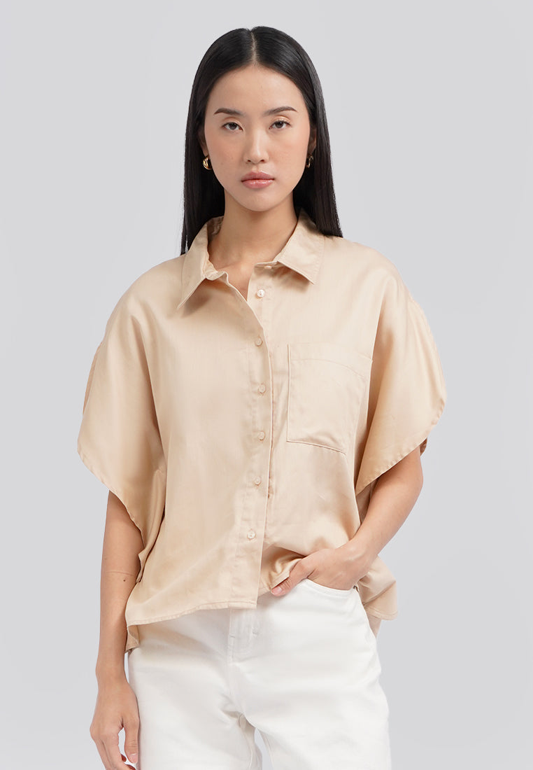 Rounded Short Sleeve Blouse Khaki