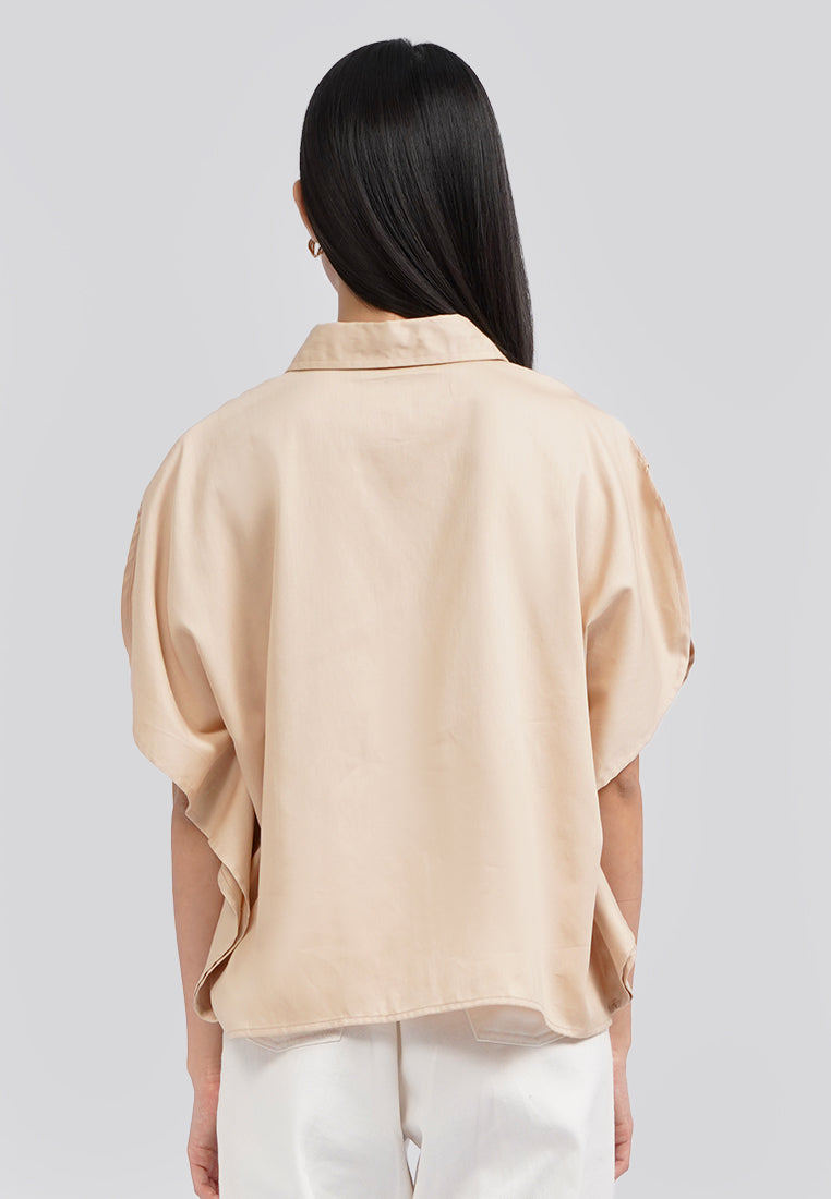 Rounded Short Sleeve Blouse Khaki
